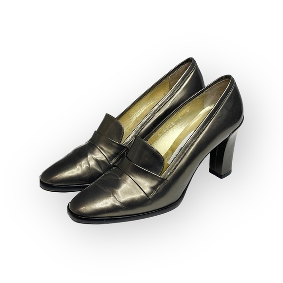 Vintage: Pancaldi ❁ Italian Leather Heeled Loafers ❁ Metallic Gunmetal ❁ 6M ❁ - Picture 8 of 16